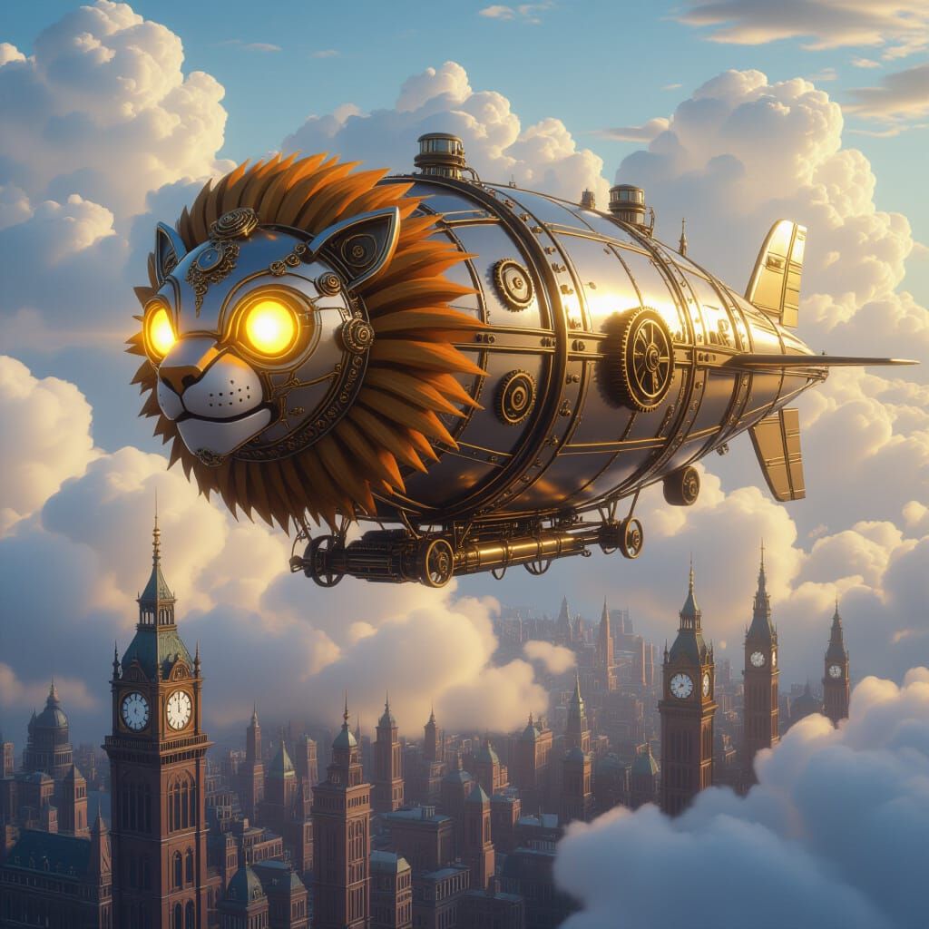 Mechanical Lion Airship Soaring Over Victorian City