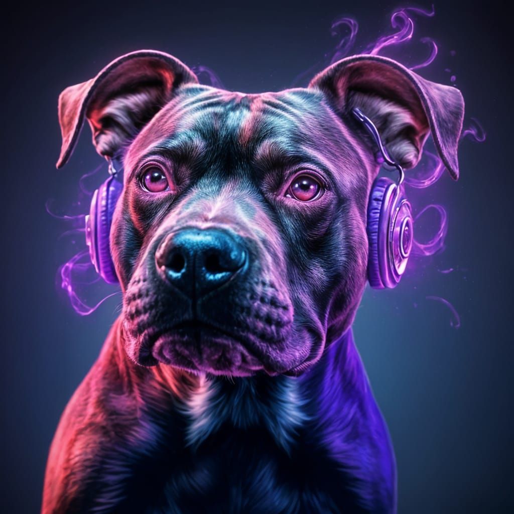 Pitbull dog wearing headphones.
