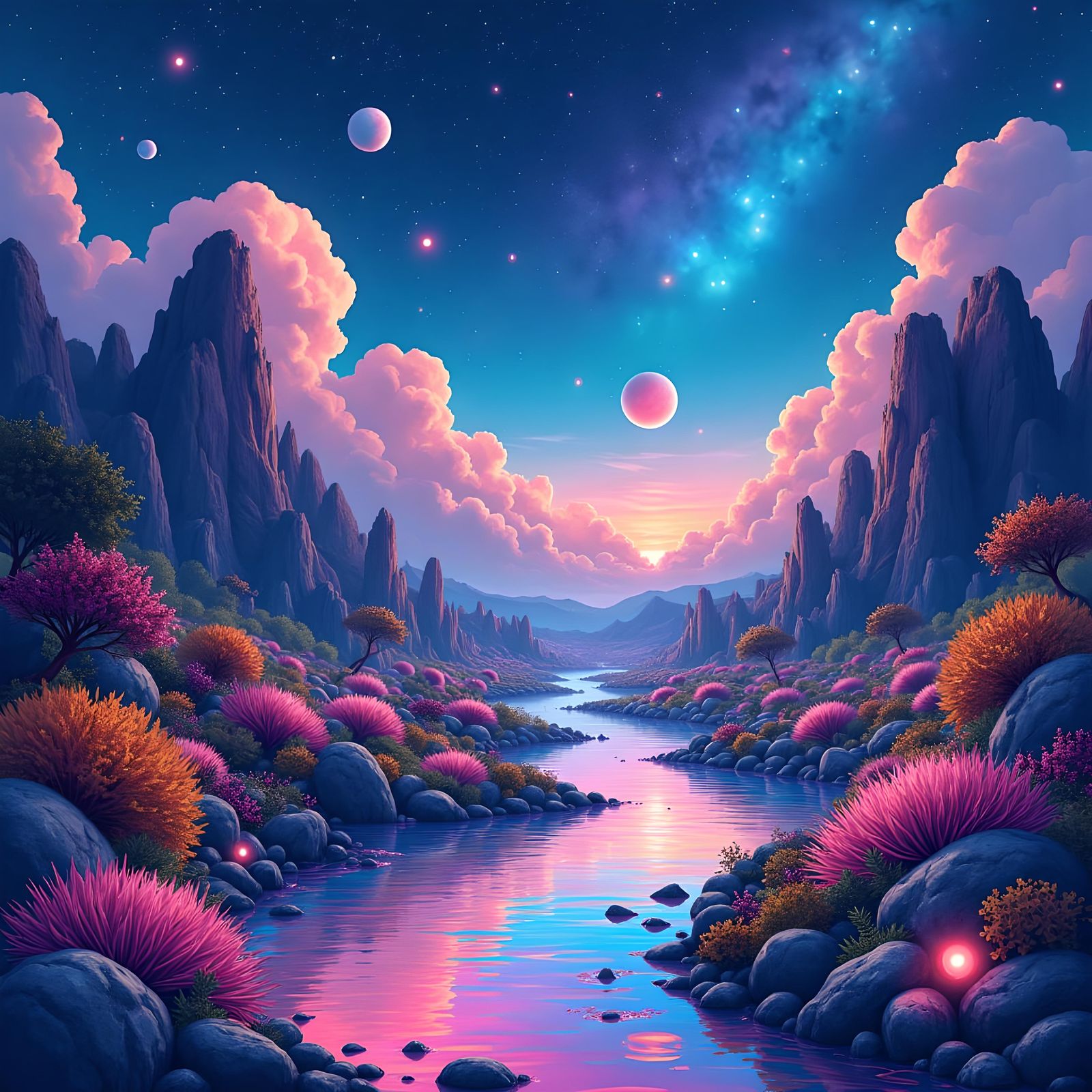 Bioluminescent Celestial Garden in Gouache Impressionist Sty...