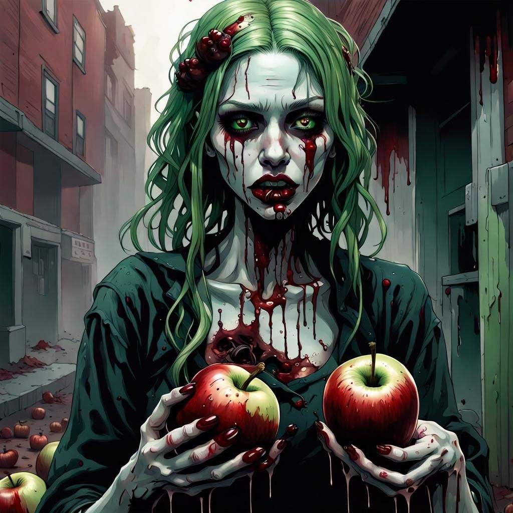 Haunting Zombie Girl with Decaying Apple: Hyperrealistic Art
