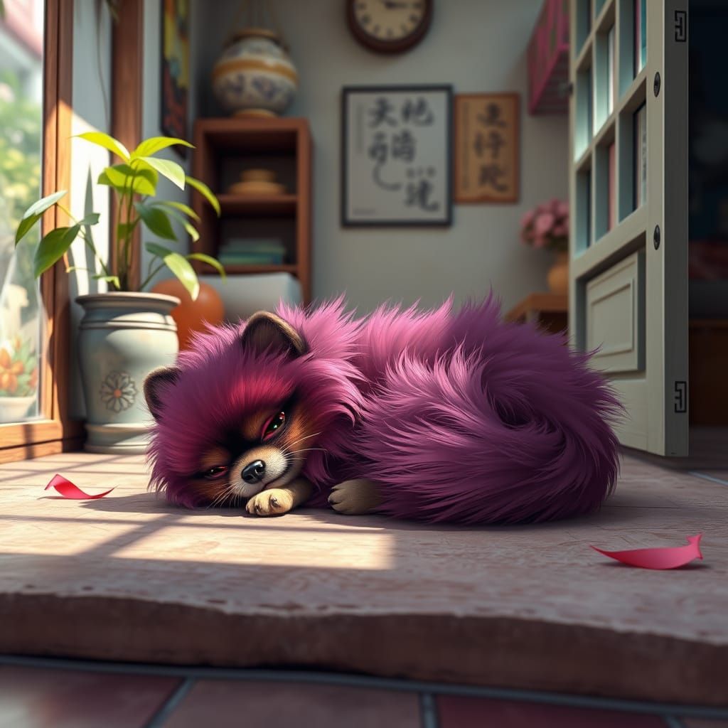 Whimsical Plum-Pomeranian Fusion in a Tropical Southeast Asi...