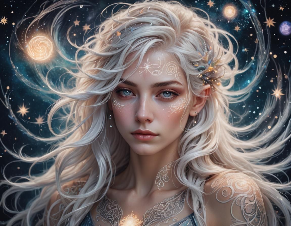 Ethereal Androgynous Portrait in Dreamy Starry Sky