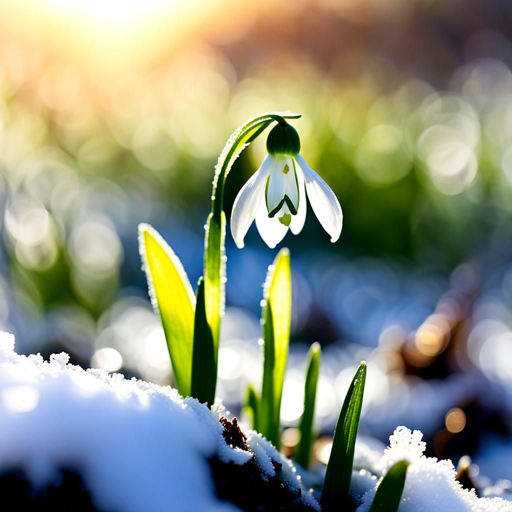 Snowdrop Seedling Emerges at Sunrise: Watercolor Style