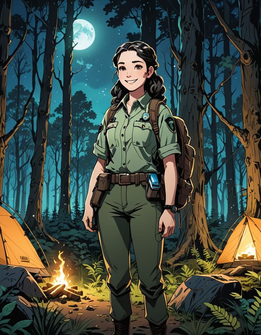 Curvy Park Ranger in Glowing Forest: Cel-Shaded Anime Art