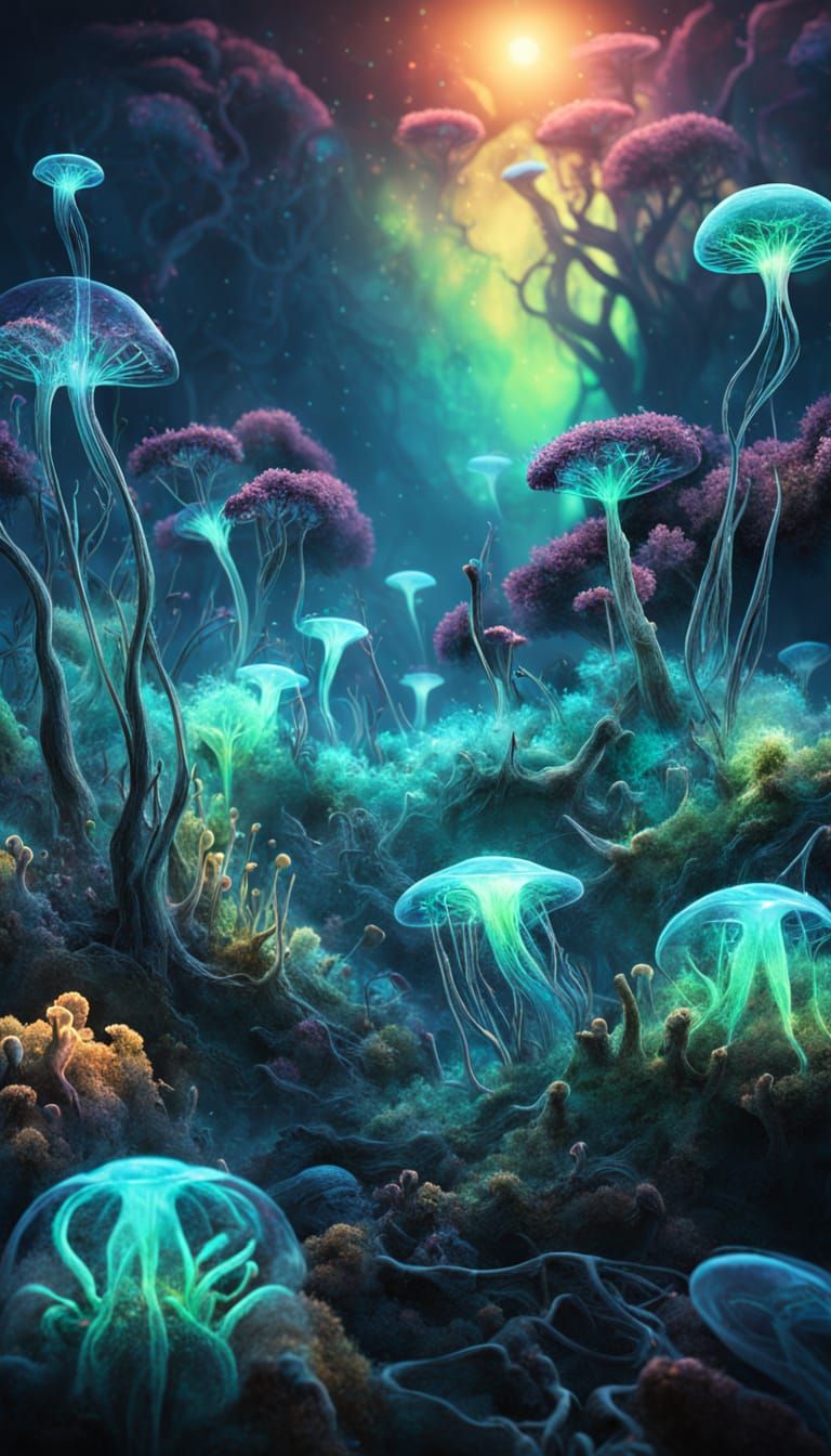 Ethereal Microbial Ecosystem in Vibrant, Iridescent Colors
