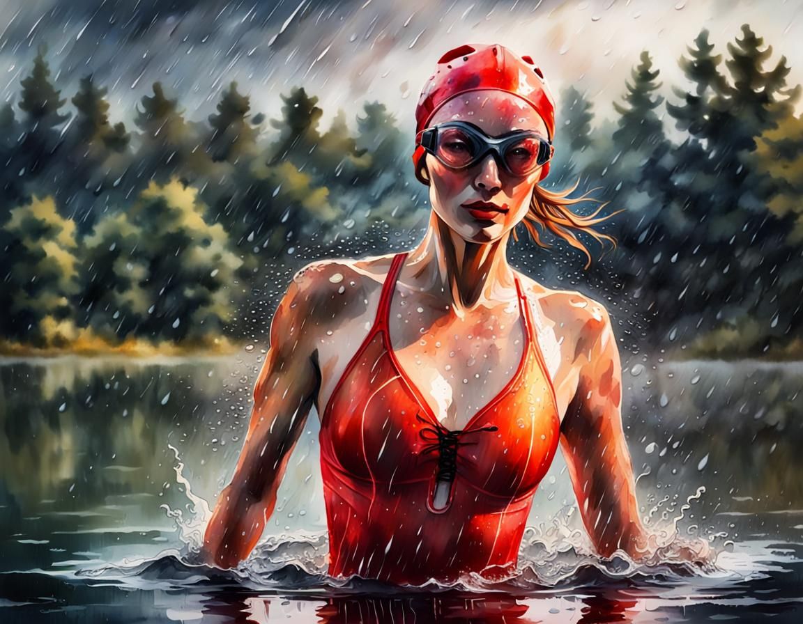 Woman Swimming in Lake at Dawn: Impressionistic Watercolor