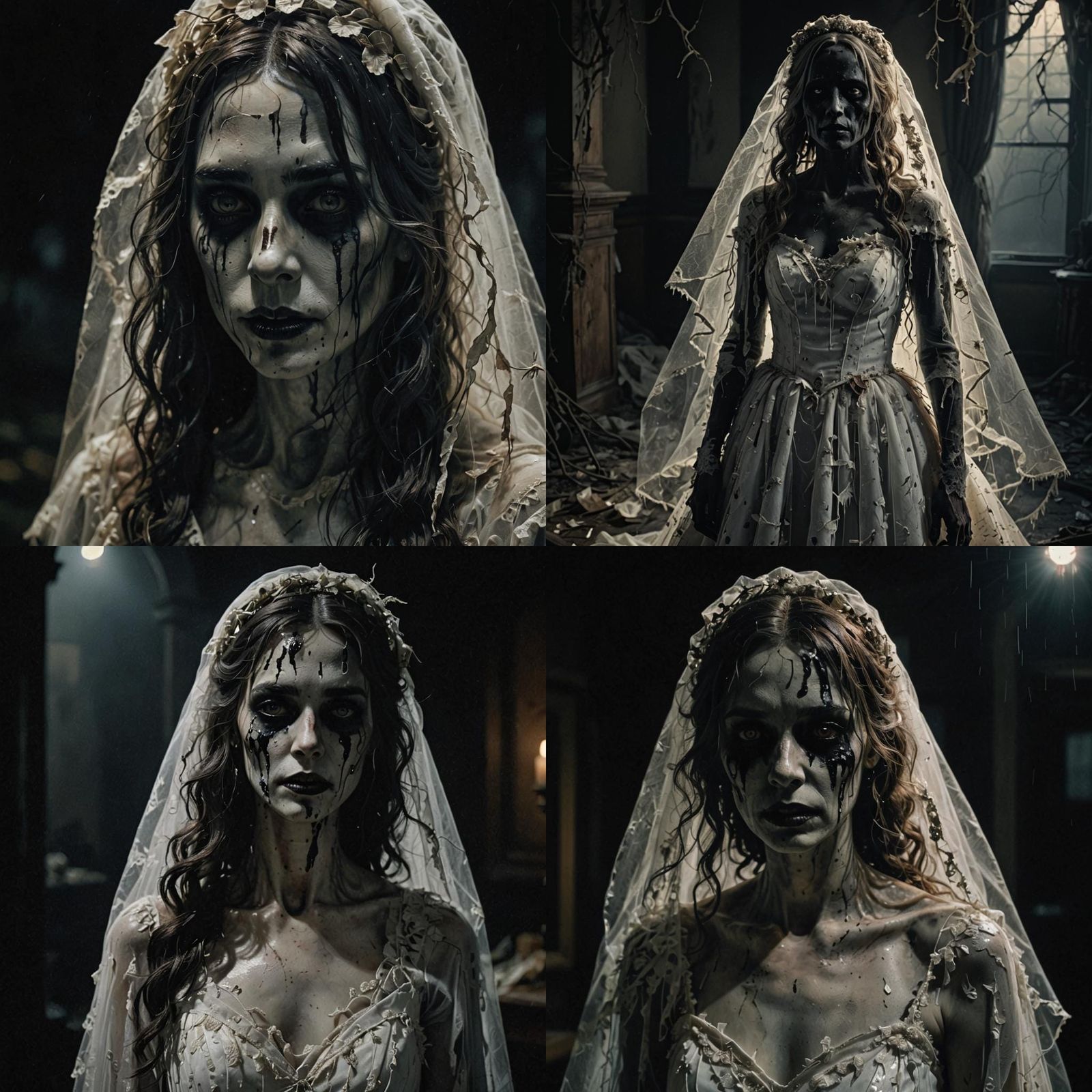 Ghost bride, black tears, tattered bridal gown, subtle illumination, horror, dark and haunting, film grain, hyperrealism...