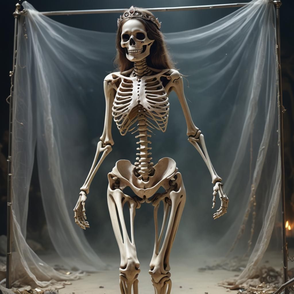 Skeleton Behind Magic Screen Showing Woman's Torso