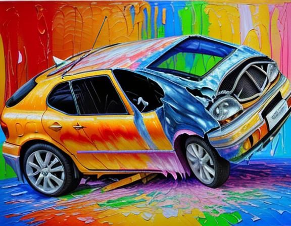 car crashed lying upside down, high quality, line drawing, vivid, neo-impressionism expressionist style oil painting, sm...