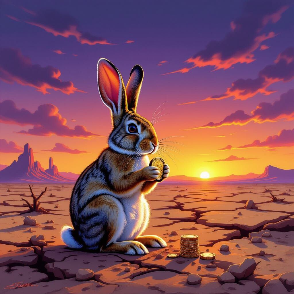 Surreal Rabbit with Coin in Post-Apocalyptic Landscape
