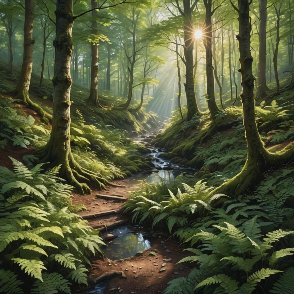 Sunlit Stream in Deciduous Forest, Hyperrealistic Art