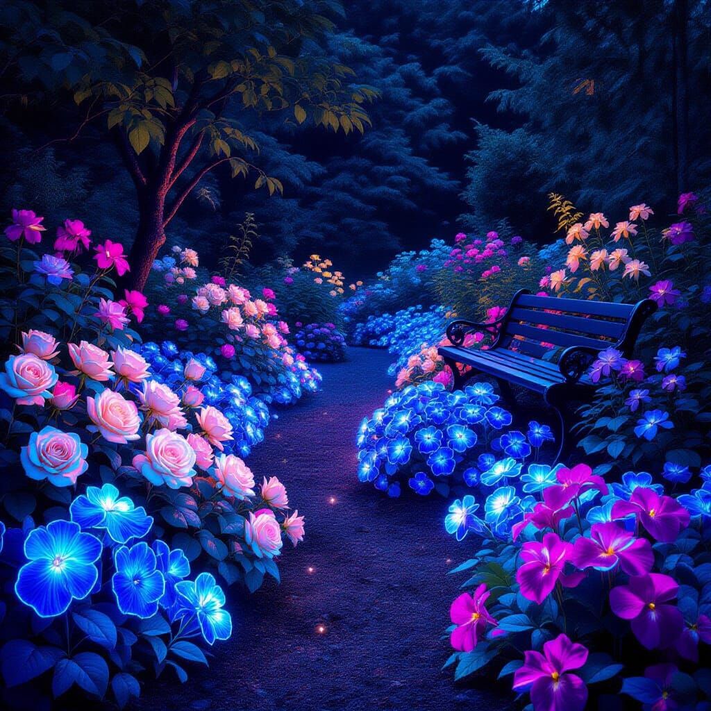 Bioluminescent Garden with Roses and Fungi