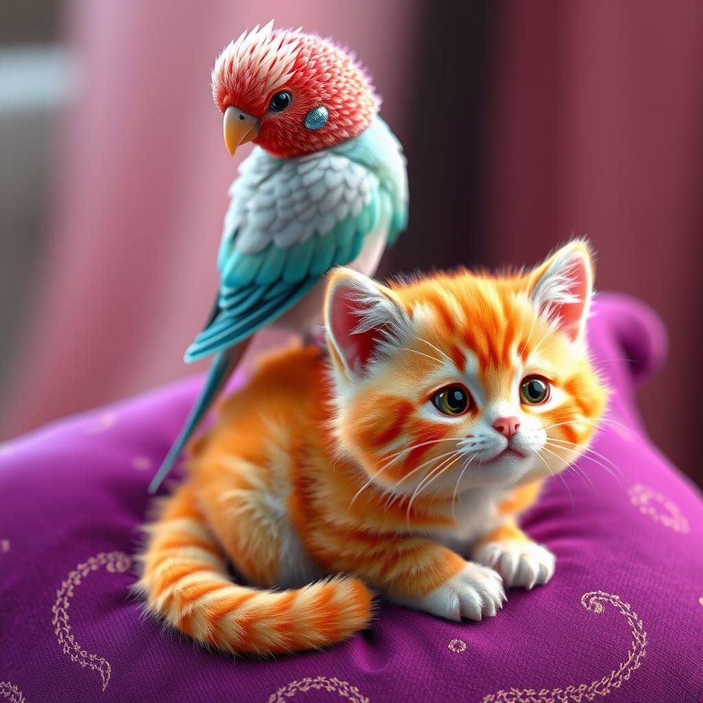Vibrant Whimsy: Strawberry Budgie and Mango Kitten on Lavend...