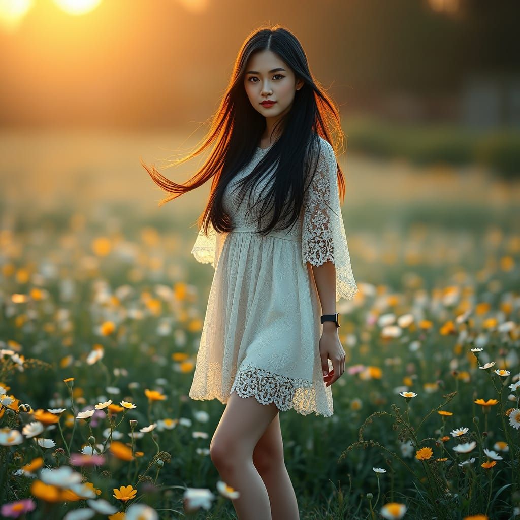 Japanese Woman in Wildflower Field at Dawn