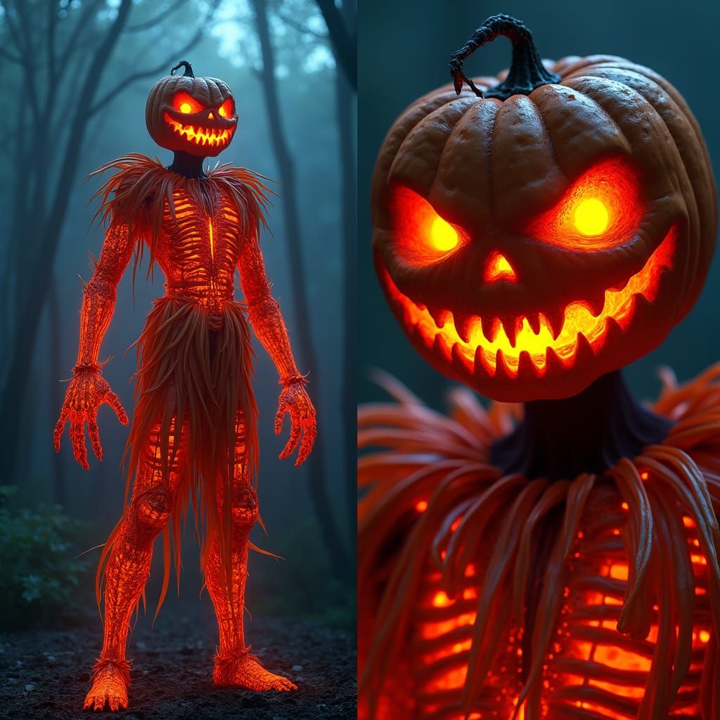 Neon Pumpkin Scarecrow in Gothic Digital Art Style