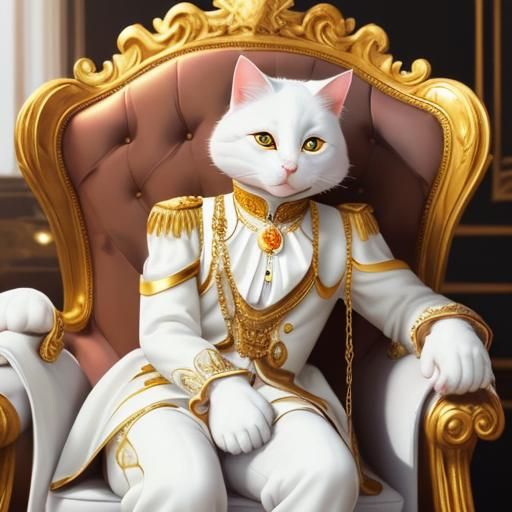 Prince White Cat Drinking Coffee on Golden Chair