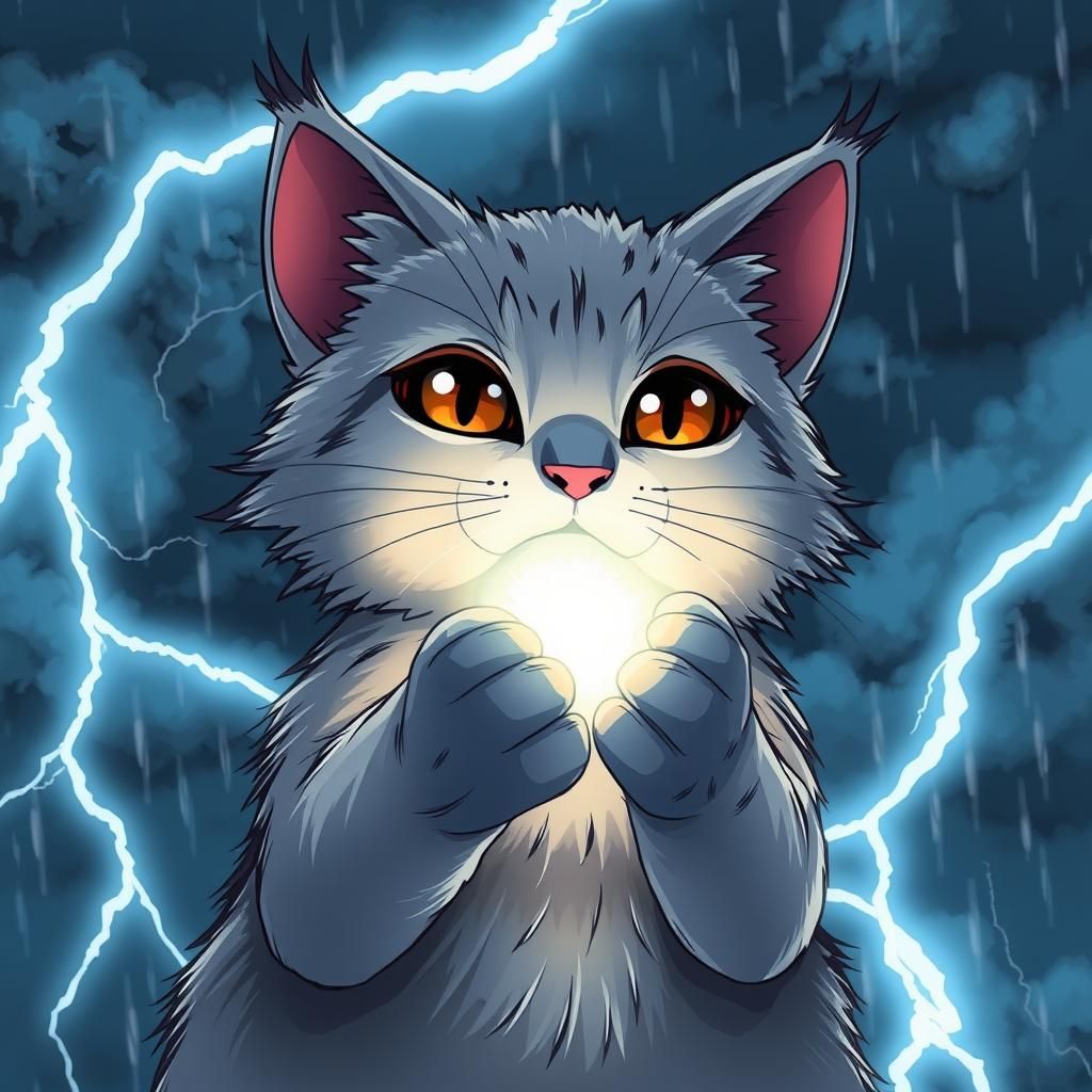 Silver Cat Conjures Lightning: Anime Style