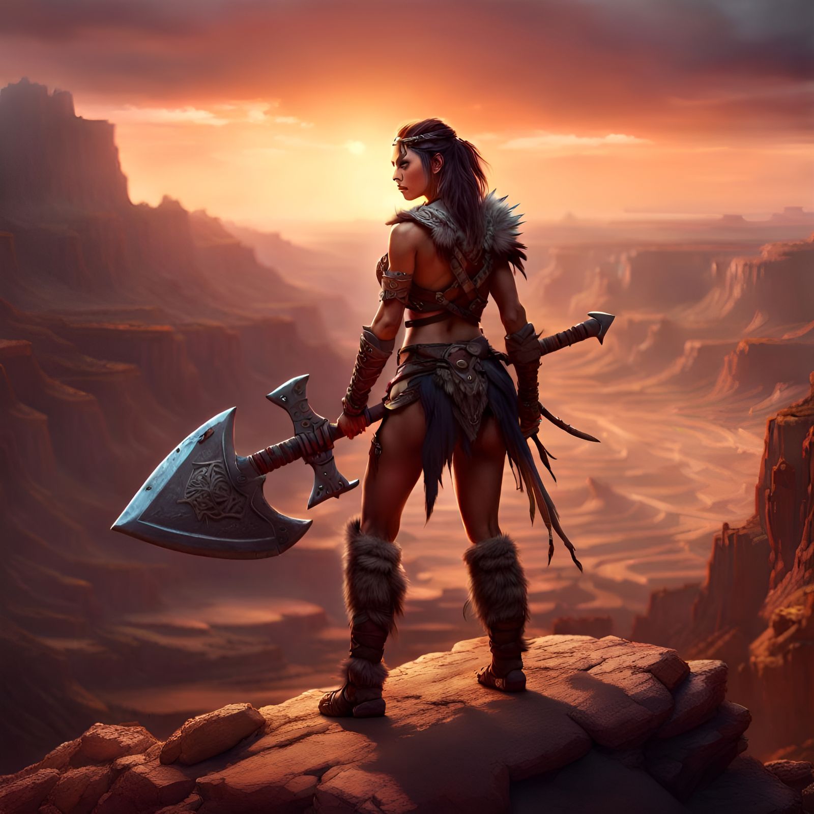 Barbarian Warrior Overlooking Desert Canyon at Sunset