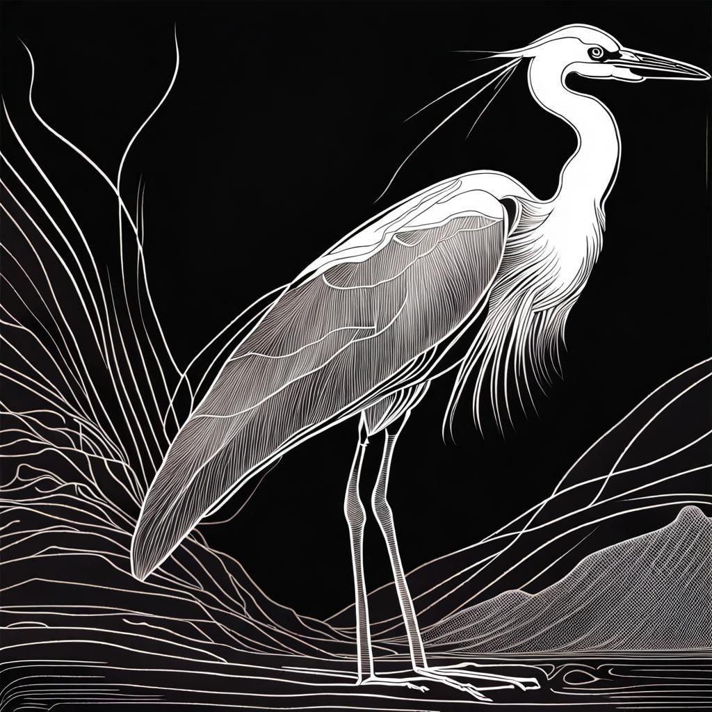 Heron Topographical Line Art on Black