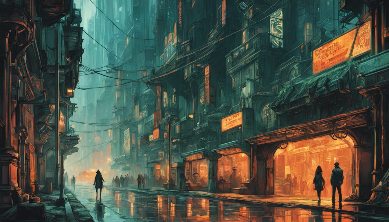 Cyberpunk Alleyway with Figure in the Style of Syd Mead