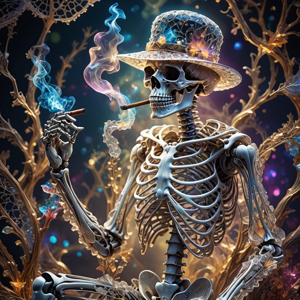Crystal Skeleton Smoking Cigar in Opalescent Light