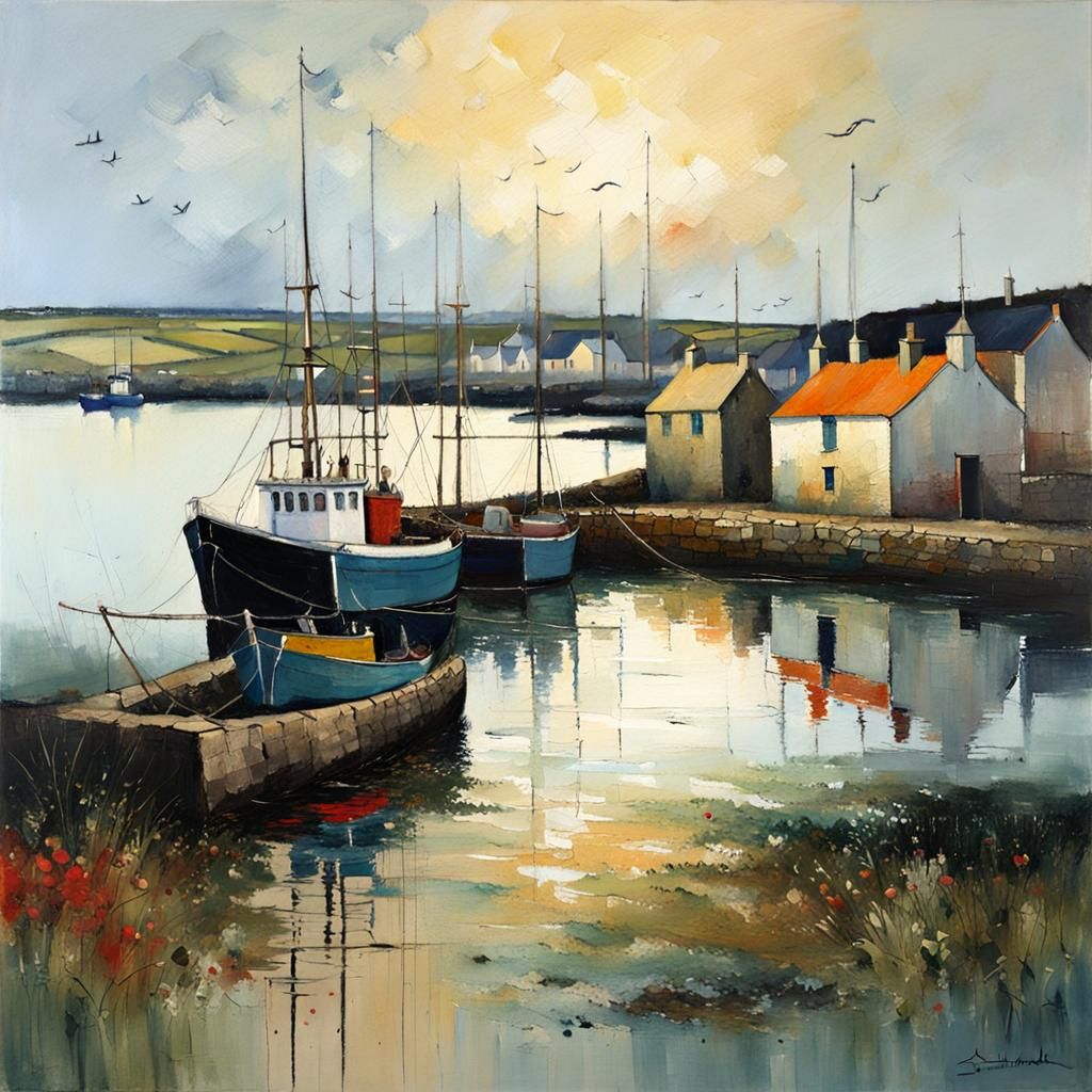 Breton Harbor in Evening Light: Impressionist Oil Painting