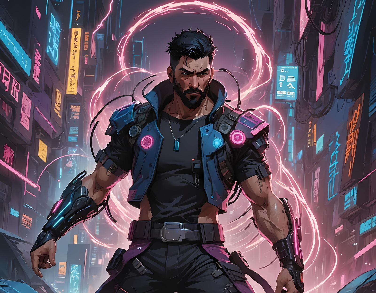 Cyberpunk Saiyan Warrior with Blue Energy Aura