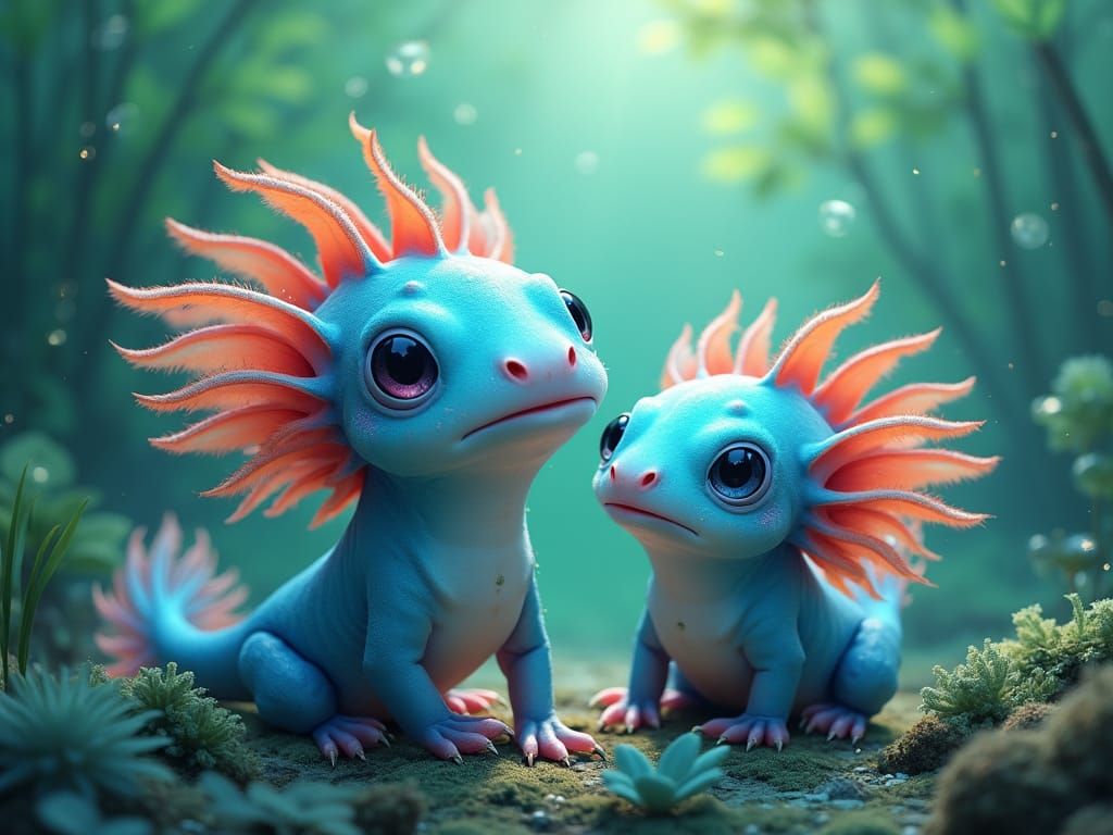 Whimsical Blue Axolotls in Dreamy Aquatic Scene