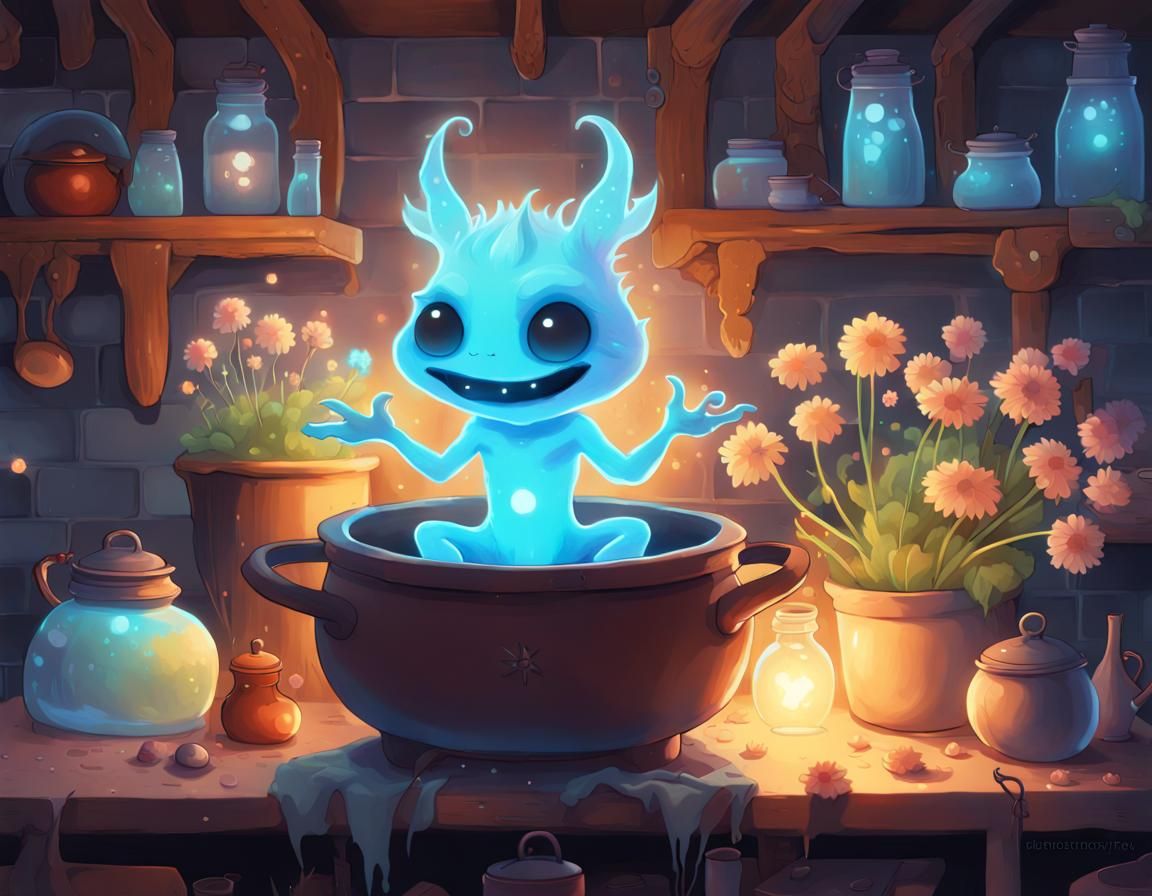 Bioluminescent Imp in Medieval Kitchen, Fantasy Art