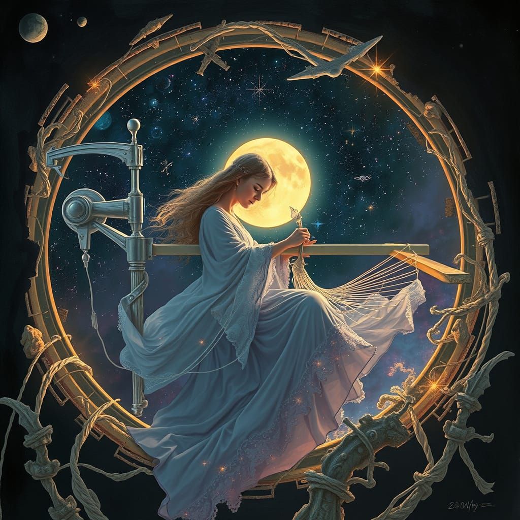 Celestial Seamstress Weaving Starlight Tapestries in Art Nou...