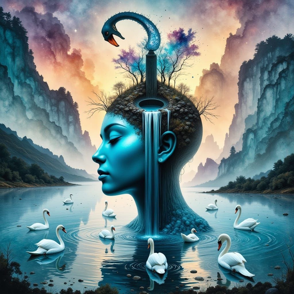 Surrealistic Lake Scene with Swans and Abstract Waterfall