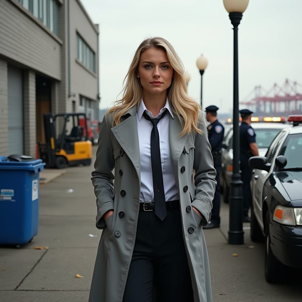 Realistic Photo of Woman by Police Cruiser in Autumn