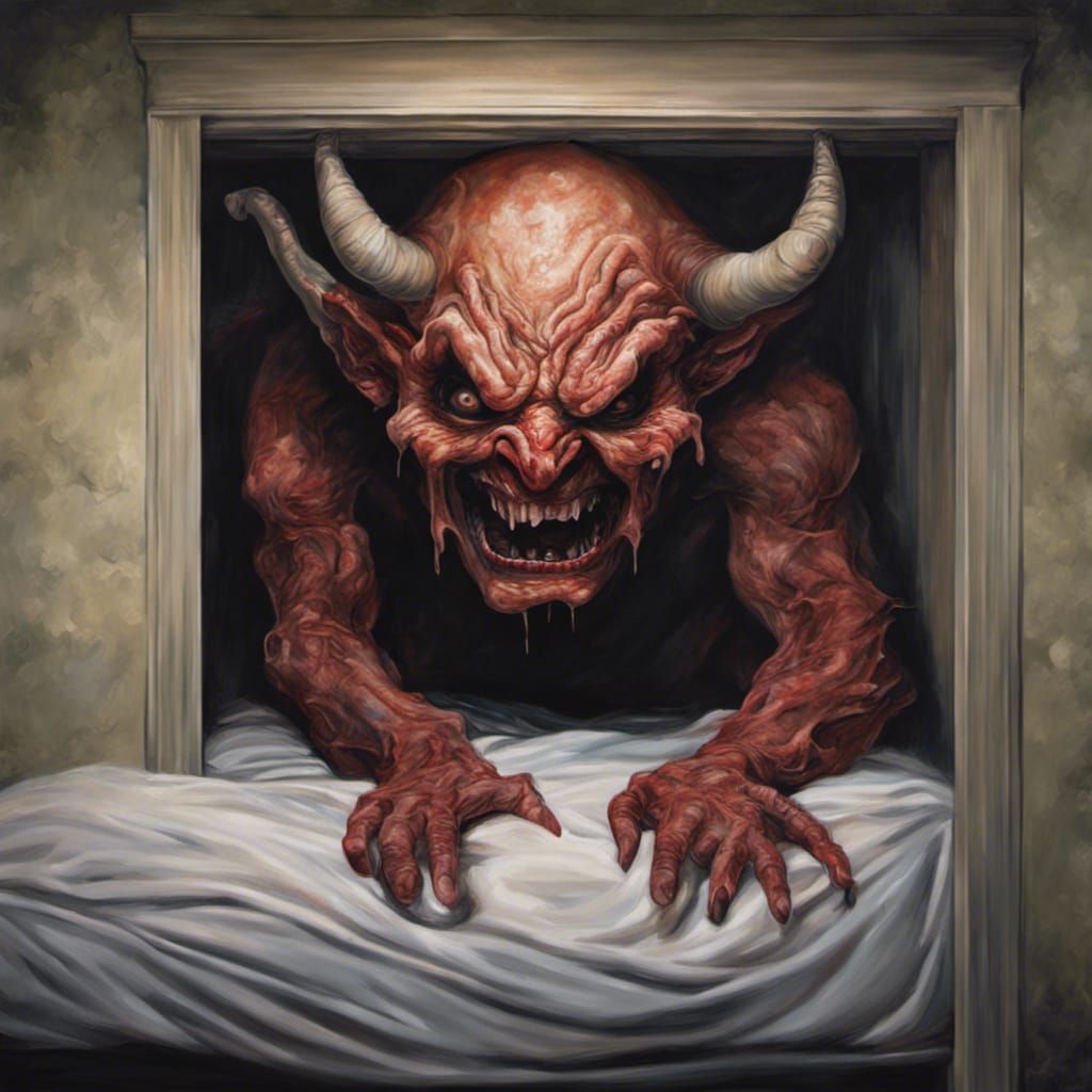 Horrifying Demon Hiding Under a Bed: Photorealistic Painting