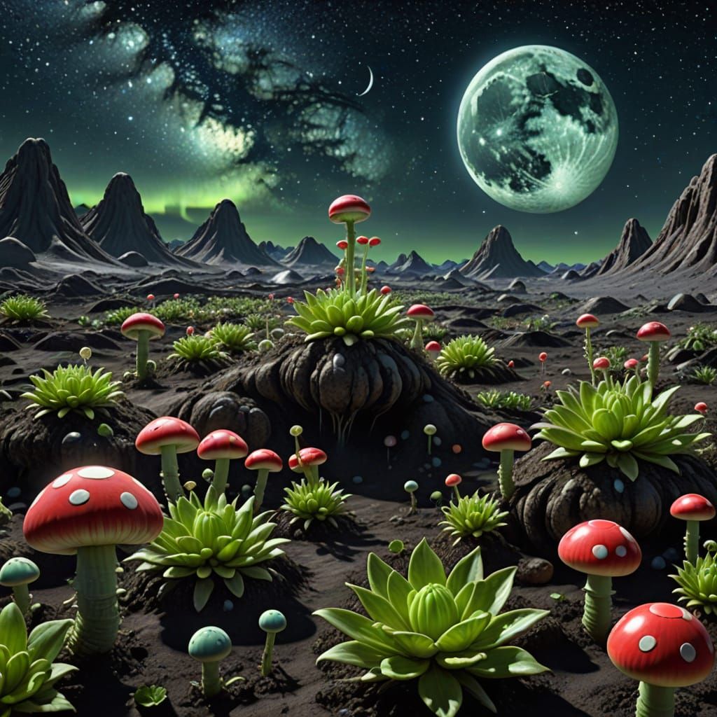 Hyperrealistic Moon Garden with Piranha Plants