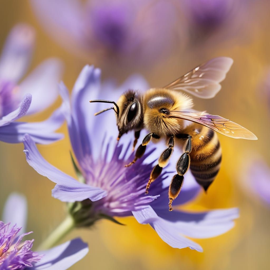 A Honeybee in Flight Amidst Vibrant Wildflowers