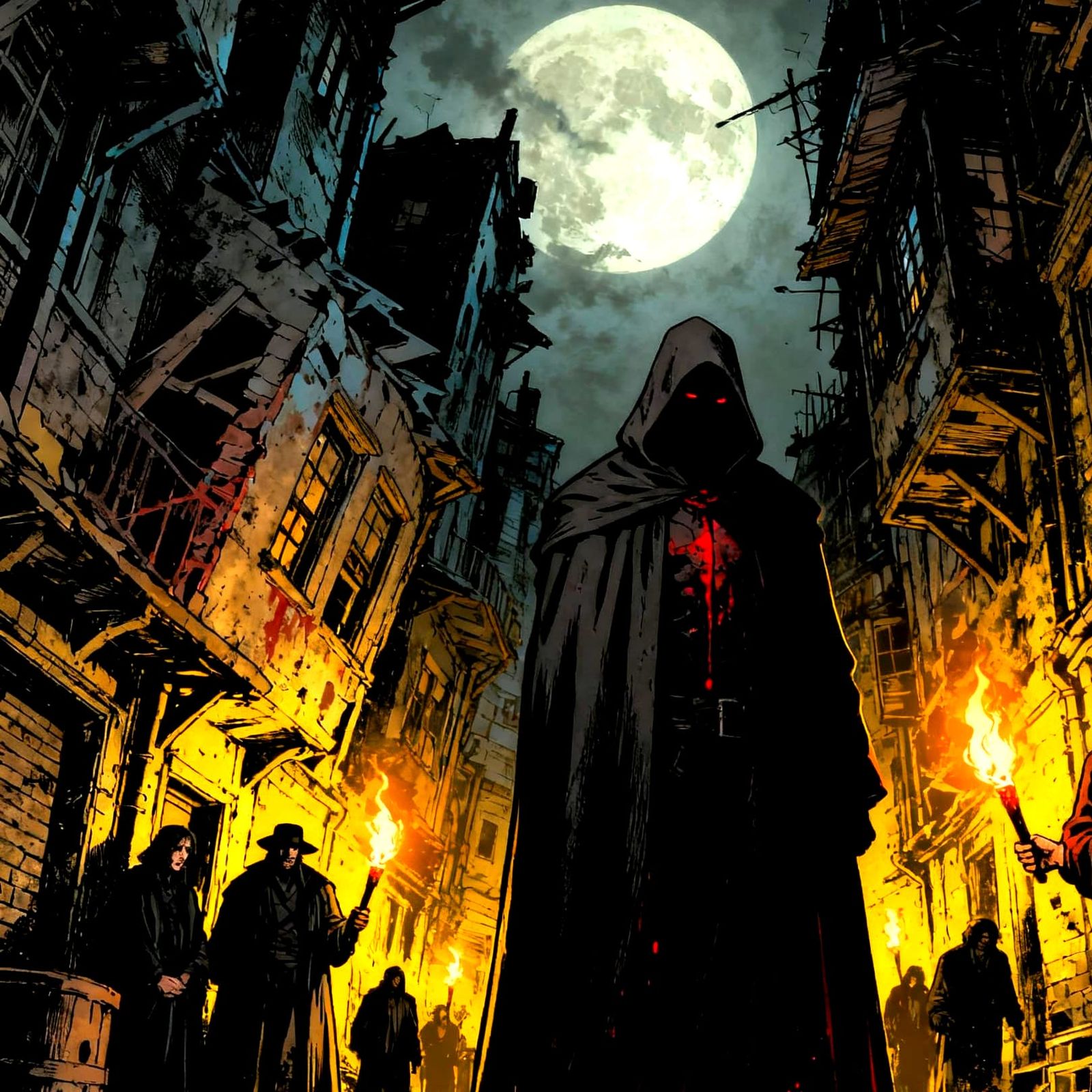 Sinister City Street at Night in Comic Book Style