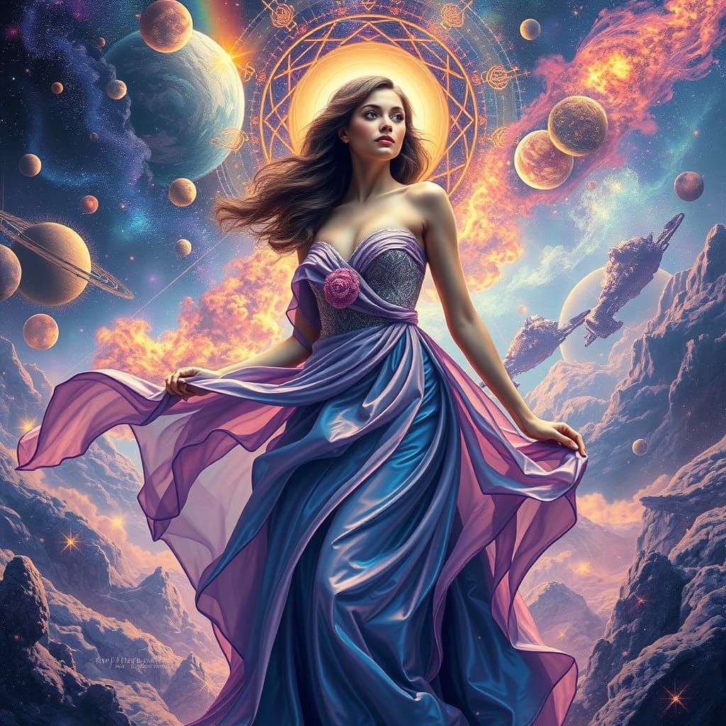 Futuristic Woman in Cosmic Landscape, Holographic Astral Sty...