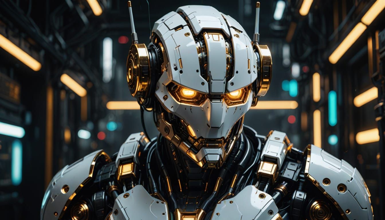 Cyberpunk Robot Concept Art in Dark Minimalist Futuristic St...