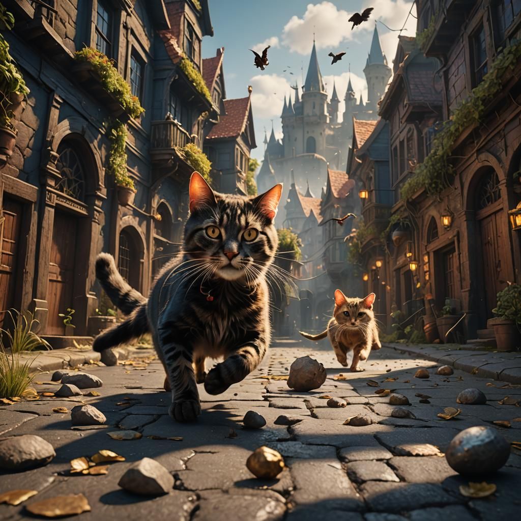 Cat Chasing Mice in Detailed Matte Painting