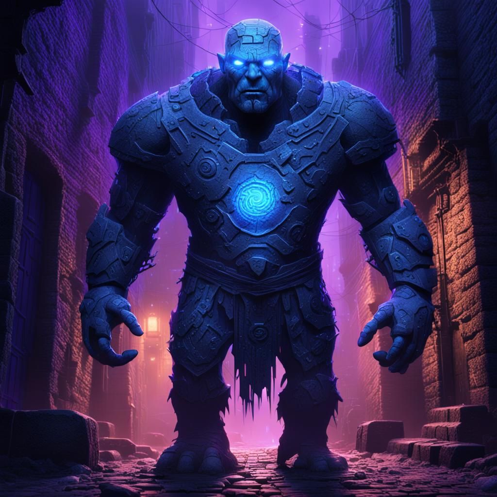 Neon Blue Golem in Misty Alleyway