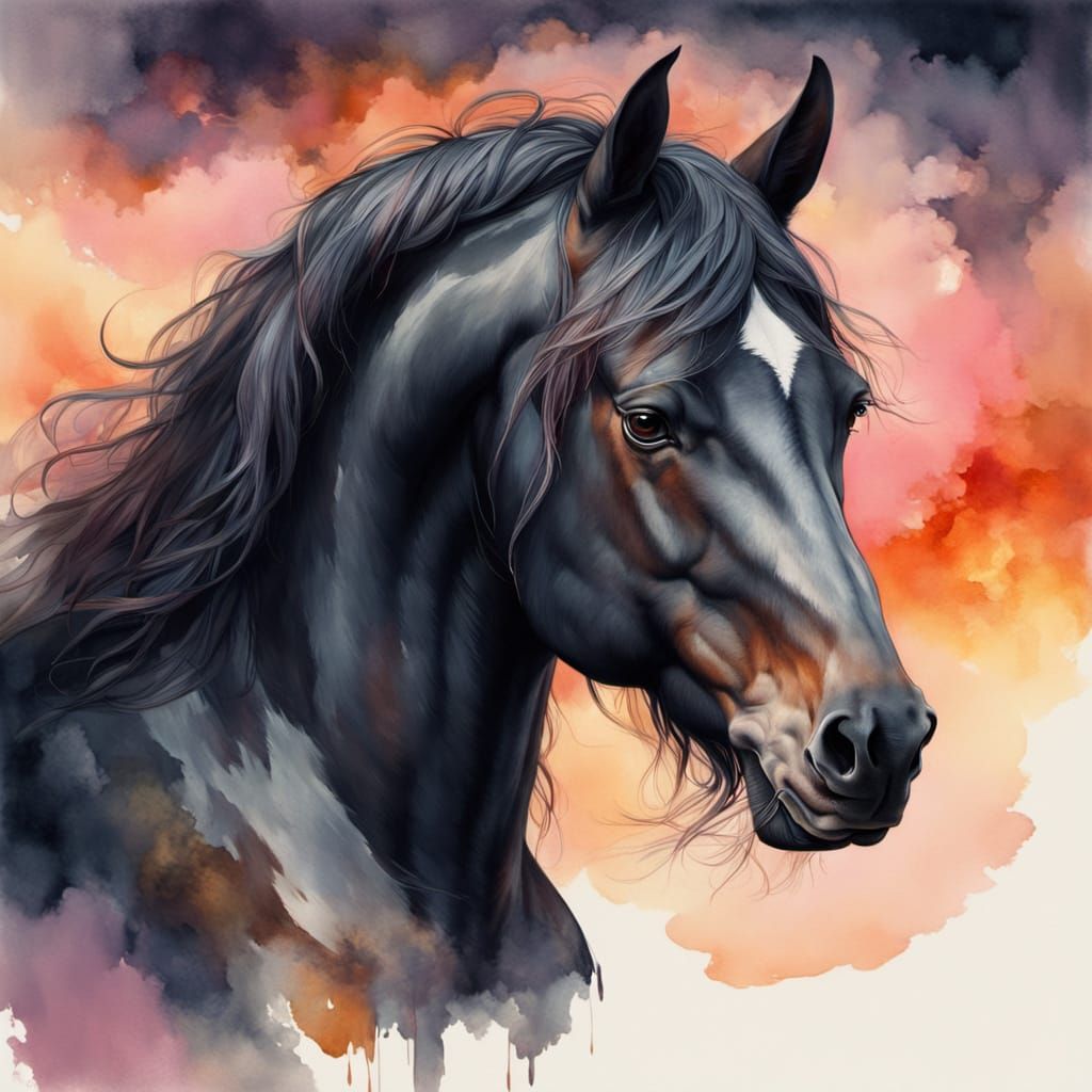 Ethereal Black Friesian Horse Portrait in Whimsical Watercol...