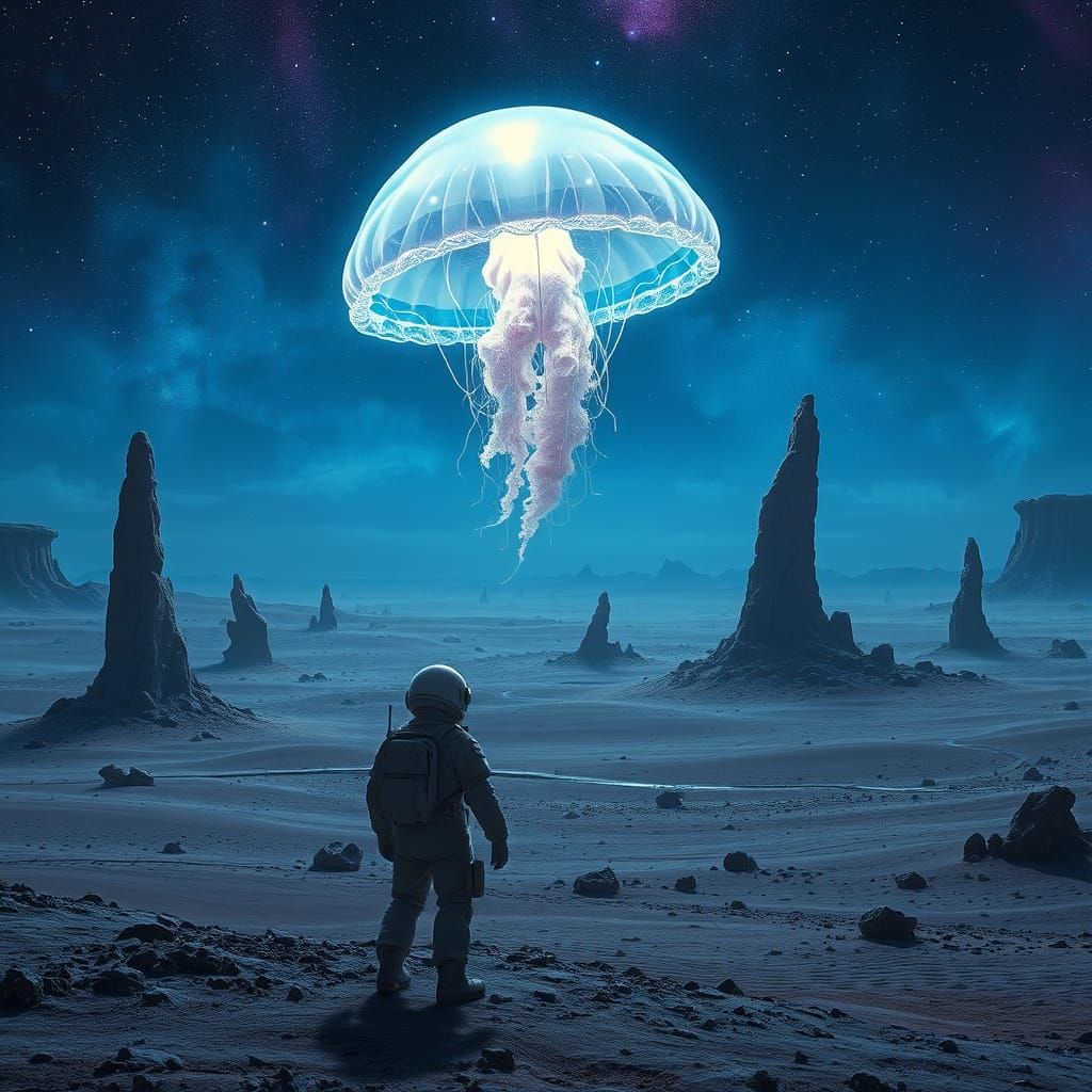 Astronaut Contemplates Bioluminescent Jellyfish in Alien Lan...