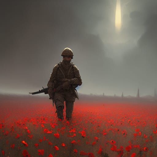 Soldier in Poppy Field: Dark Fantasy Art