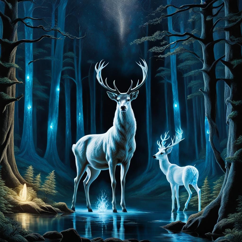 Harry Potter and Ghostly Deer Patronus in Forest