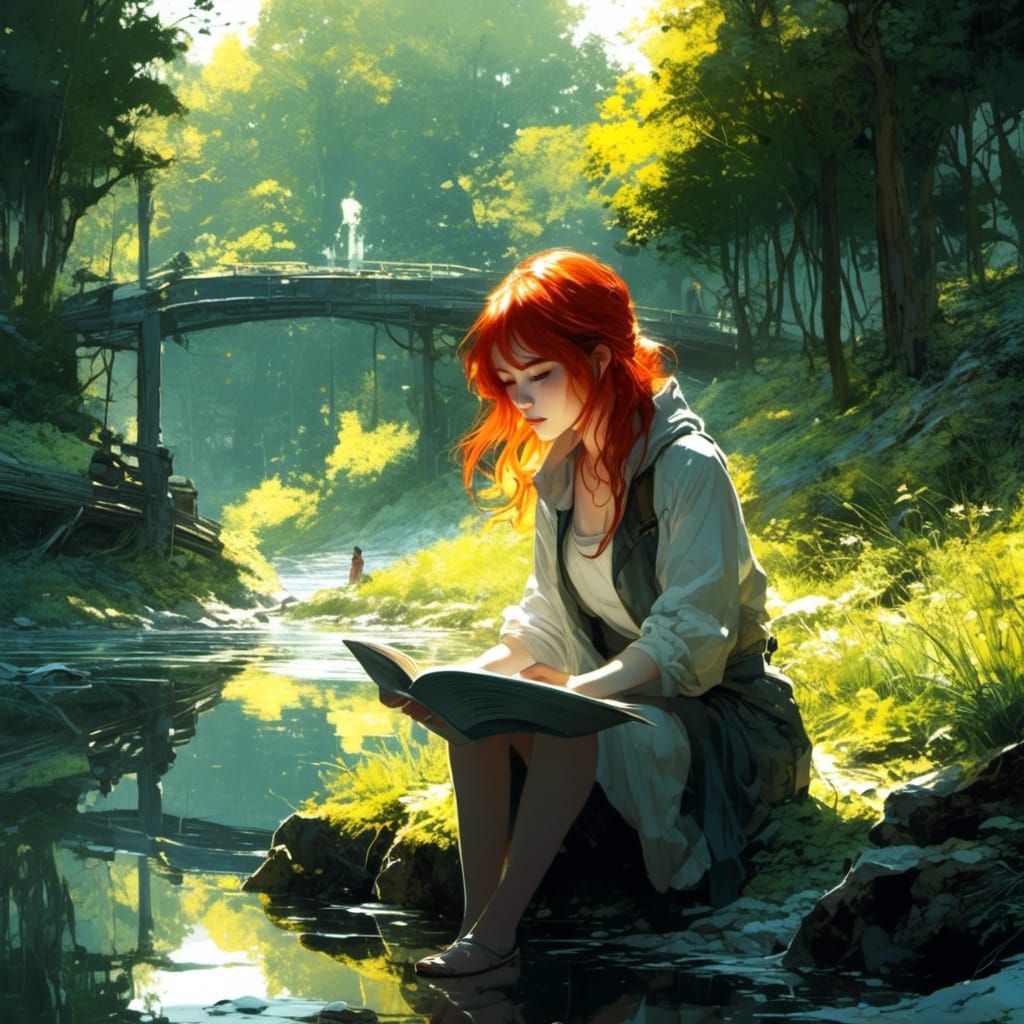 Anime Girl Portrait Reading by River in Watercolor Style