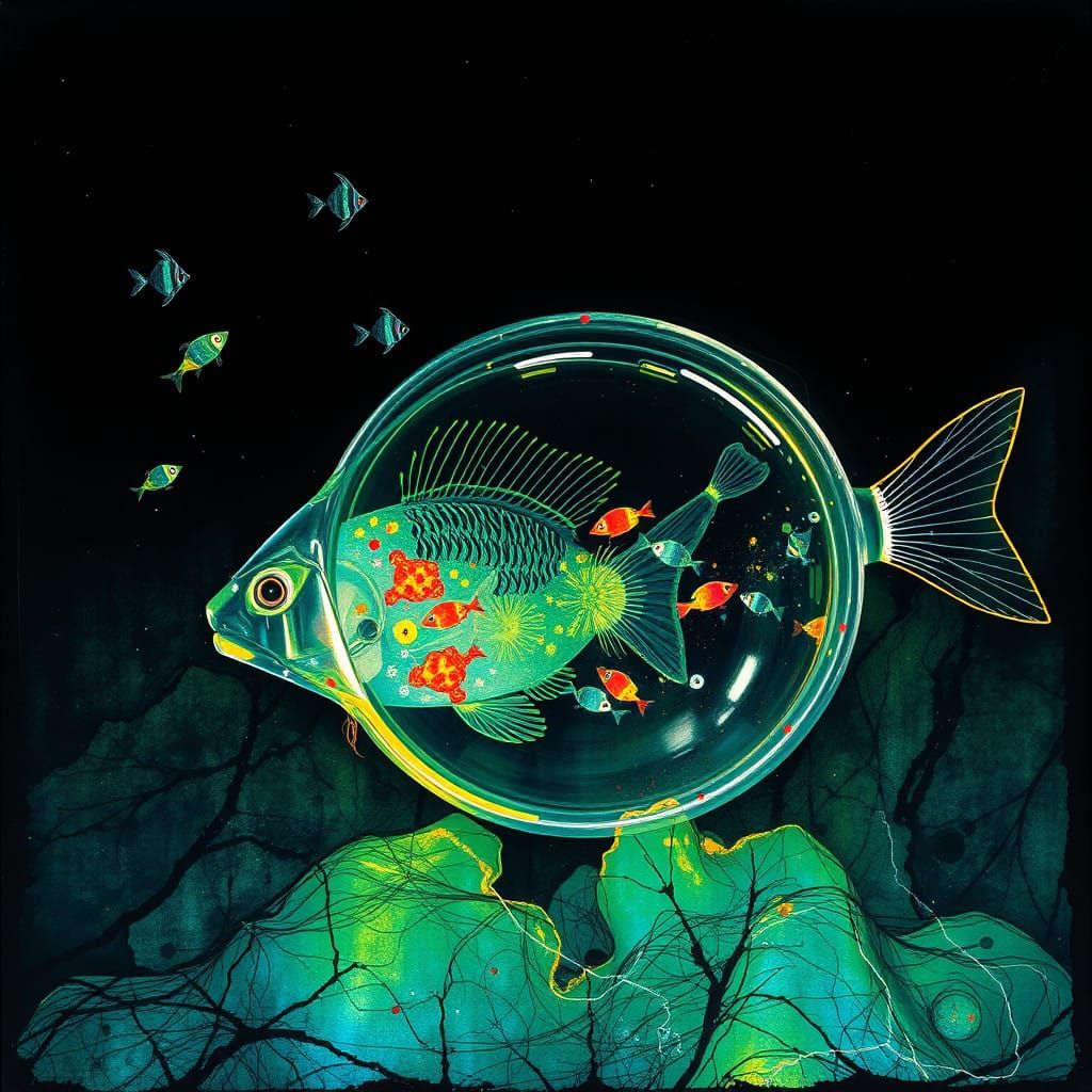 Vibrant Underwater Scene with Kaleidoscopic Fishes and Subma...