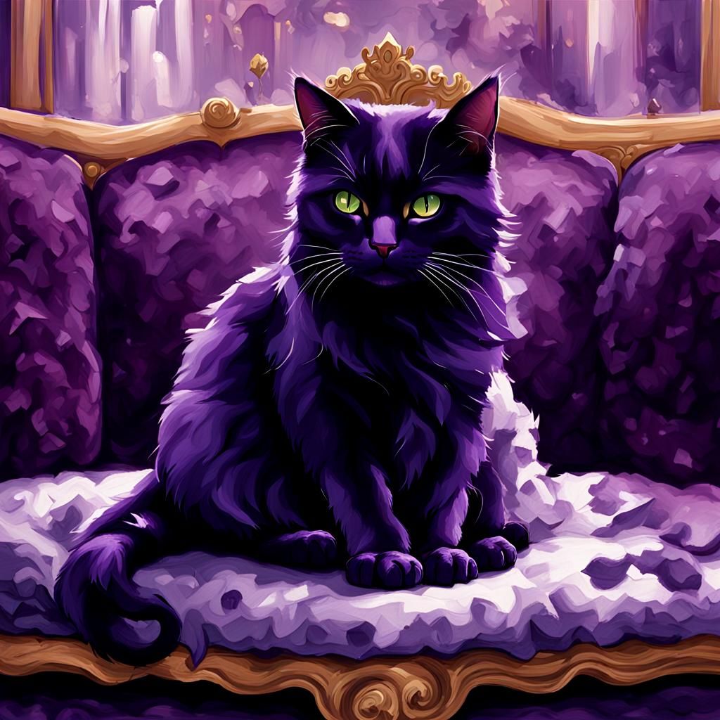 Majestic Purple Cat Lounging on Velvet Cushion