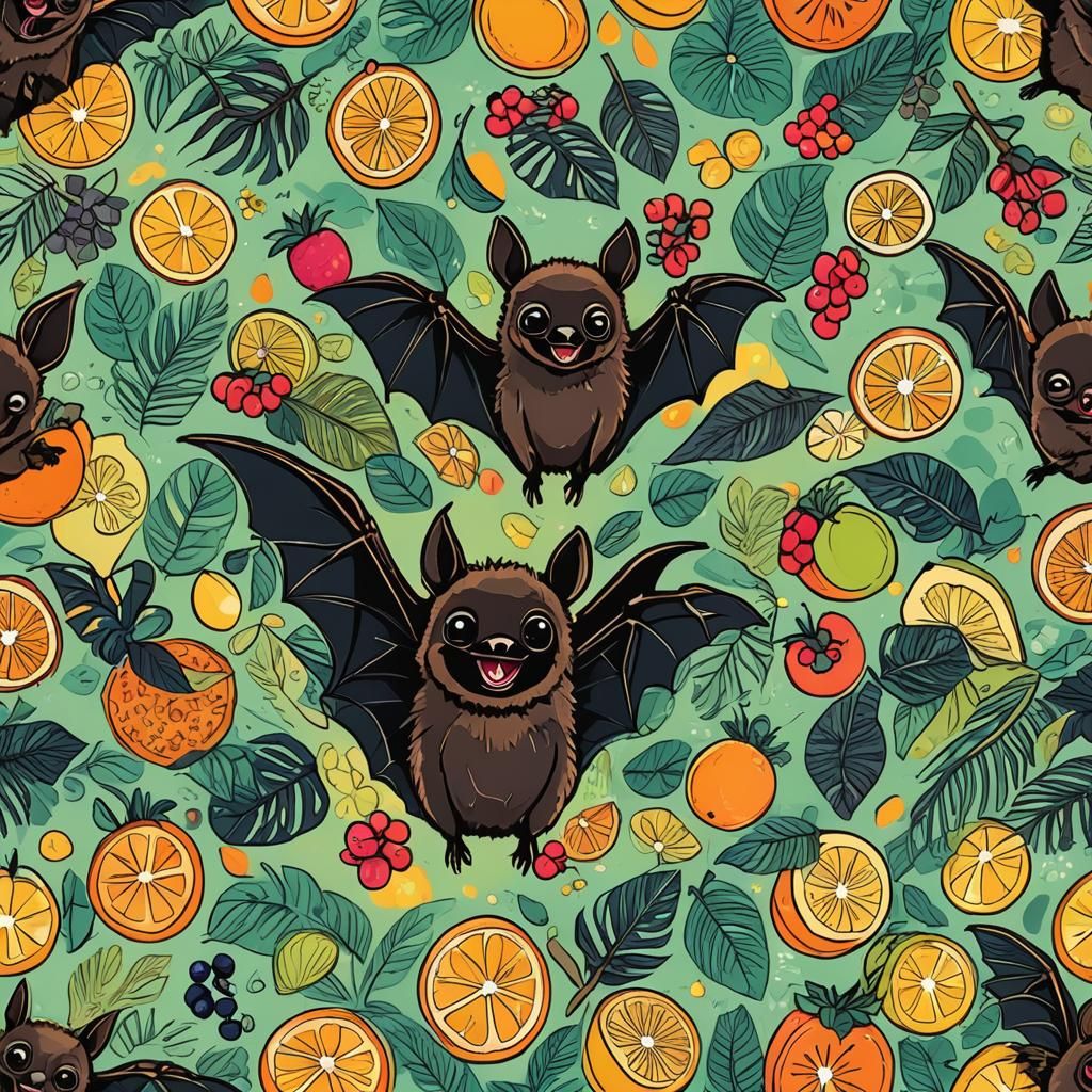 Cute Bat with Tropical Fruit in Abstract Art