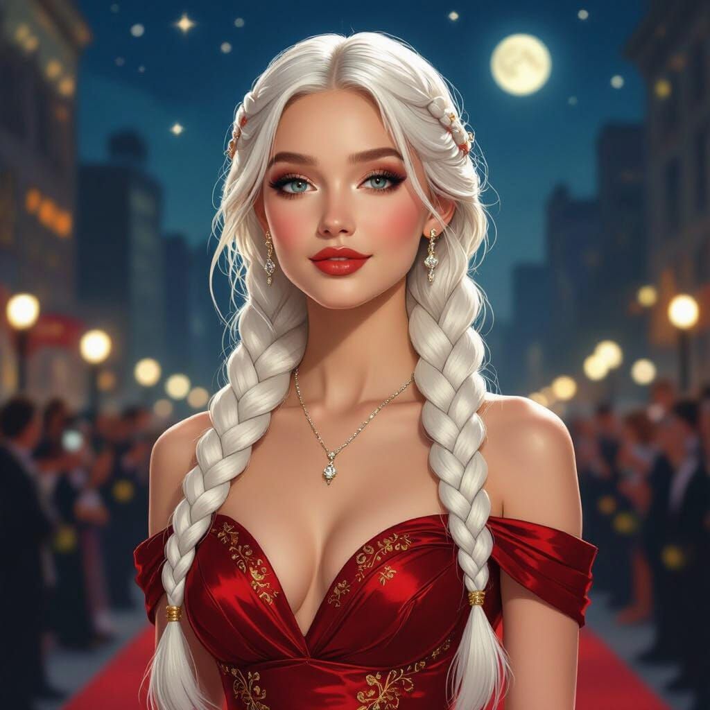 Elegant Woman with Braids at Broadway Premiere