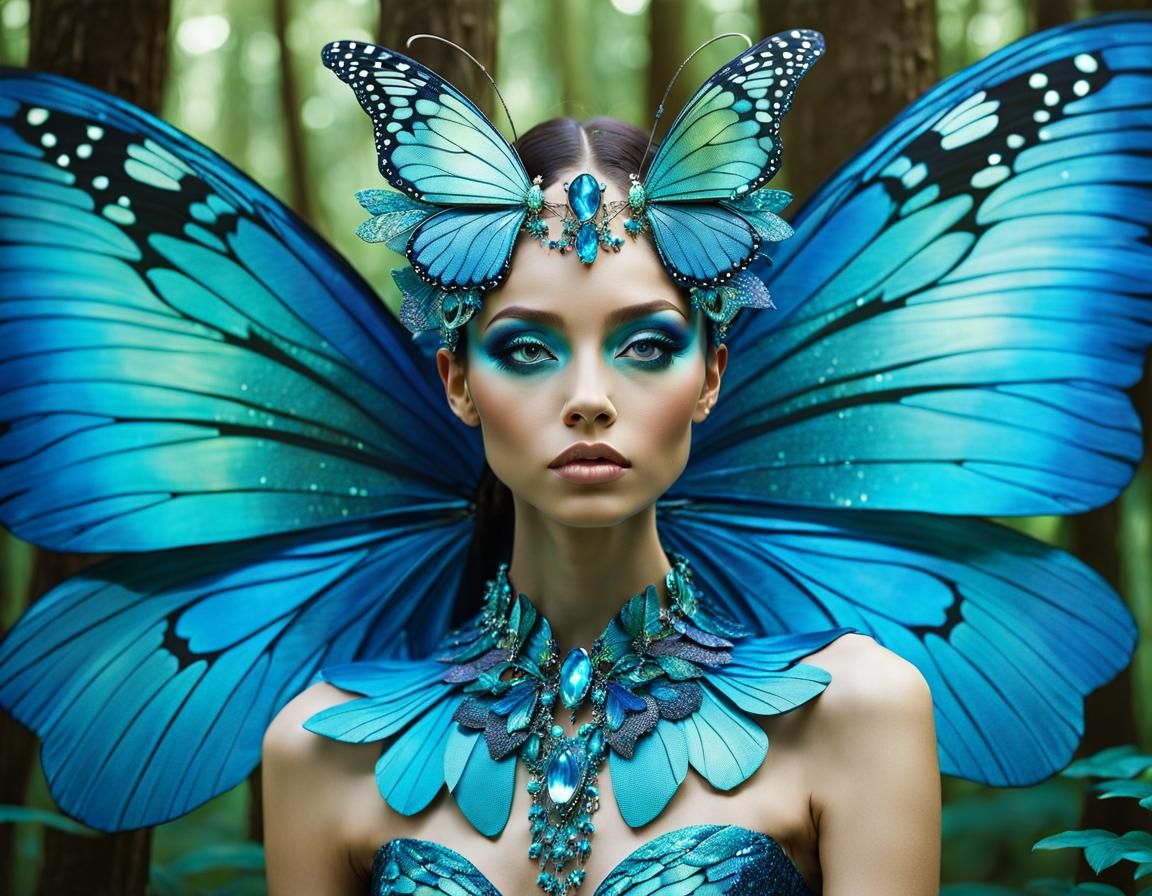 Enchanted Fairy with Butterfly Wings in Surreal Woods